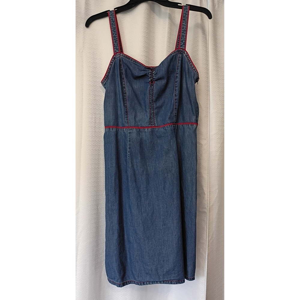 Y2K Vintage Faded Glory Denim Chambray Dress Womens Sz 6 Red Trim Sweetheart